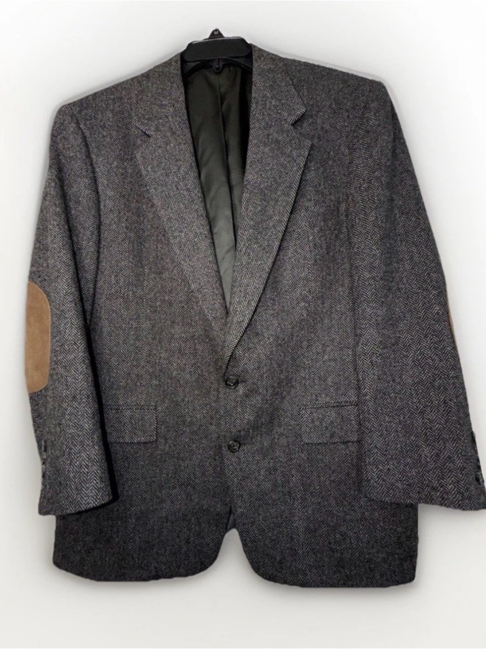 Vtg Austin Reed Tweed Blazer Virgin Wool Black Grey Brown Suede Elbow Patches 42